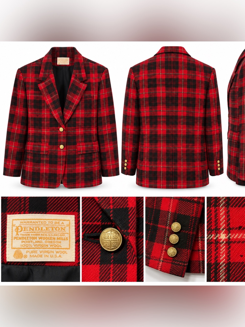 Vintage Pendleton Womens Blazer Red Black Tartan Plaid Virgin Wool USA Size 10